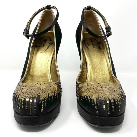 Prada Black Satin Gold Sequins Embellished Mary Jane Platform Pumps - Picture 4 of 9